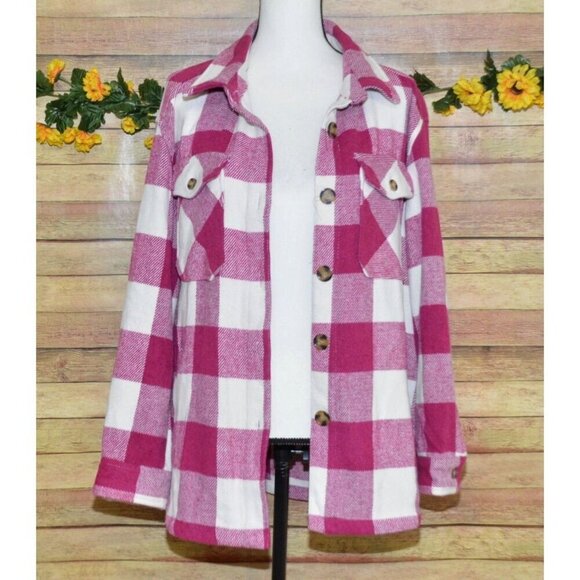 Plum Purple & White Plaid Shacket Jacket Ladies L Pockets Collared Warm Casual - Picture 1 of 12